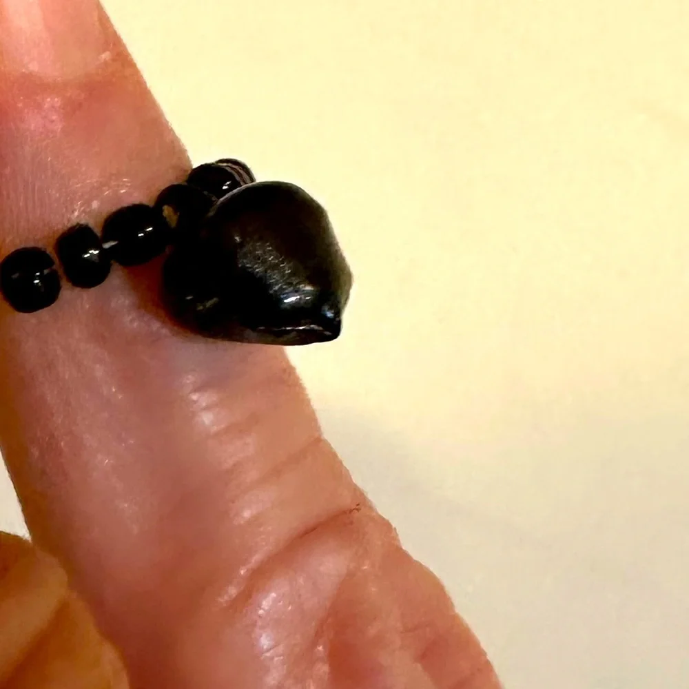 VTG BLACK BELL BEADED RING CHARM HALLOWEEN JEWELRY HANG ON NECKLACE CORD .25”